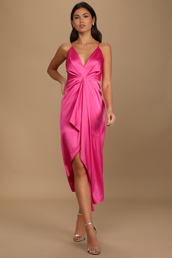 Hot Pink Midi Dress - Satin Midi Dress ...